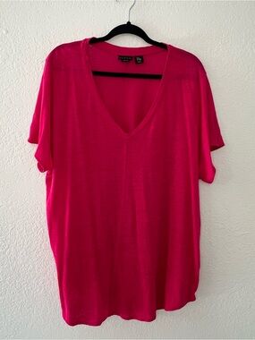 Tahari T Shirt Top Women’s Plus Size 2X Hot Pink Short Sleeve V Neck 100% Linen